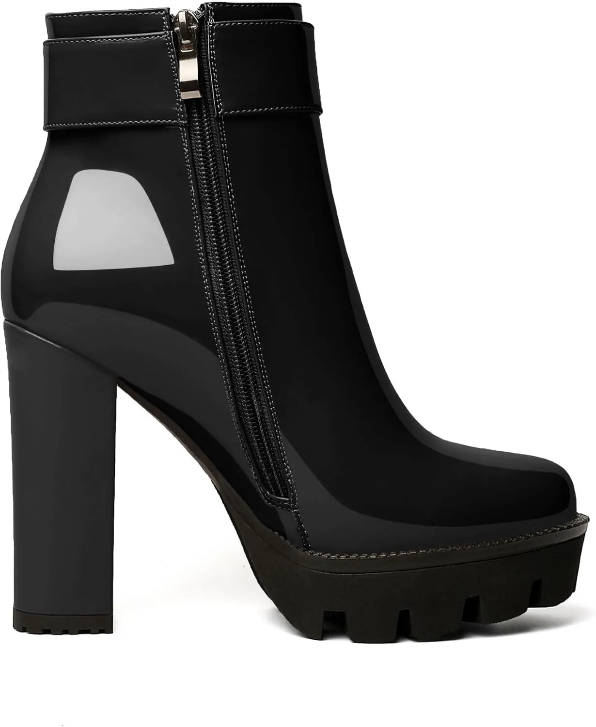 Esvowido Women's Platform Ankle Boots Round Toe Lug Sole Buckle Booties Chunky Block High Heels Side Zipper with Fur Winter Short Boots