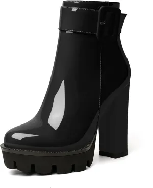 Esvowido Women's Platform Ankle Boots Round Toe Lug Sole Buckle Booties Chunky Block High Heels Side Zipper with Fur Winter Short Boots
