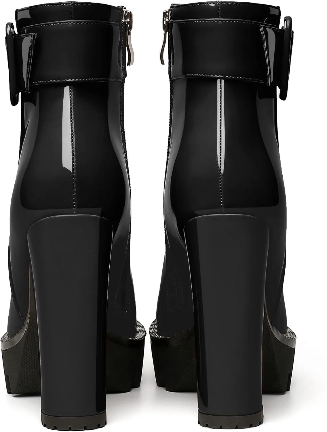 Esvowido Women's Platform Ankle Boots Round Toe Lug Sole Buckle Booties Chunky Block High Heels Side Zipper with Fur Winter Short Boots