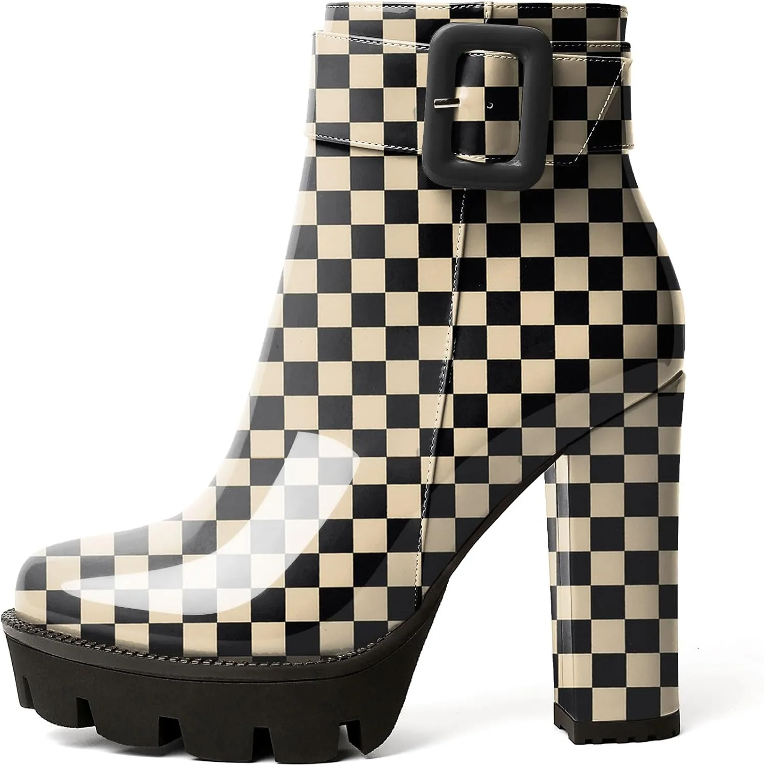 Esvowido Women's Platform Ankle Boots Round Toe Lug Sole Buckle Booties Chunky Block High Heels Side Zipper with Fur Winter Short Boots