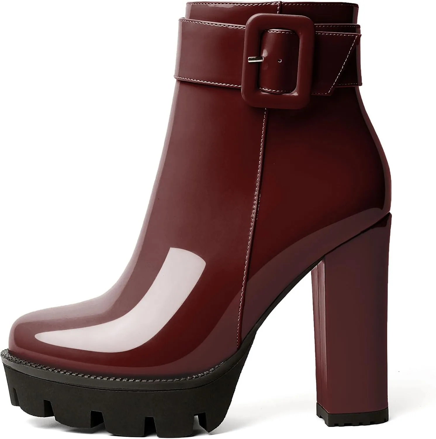 Esvowido Women's Platform Ankle Boots Round Toe Lug Sole Buckle Booties Chunky Block High Heels Side Zipper with Fur Winter Short Boots