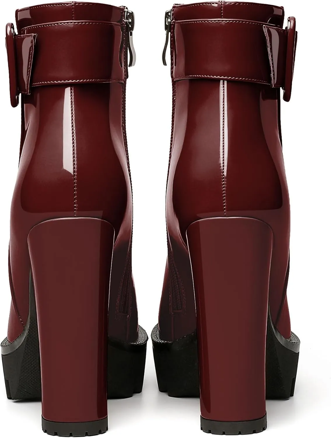 Esvowido Women's Platform Ankle Boots Round Toe Lug Sole Buckle Booties Chunky Block High Heels Side Zipper with Fur Winter Short Boots