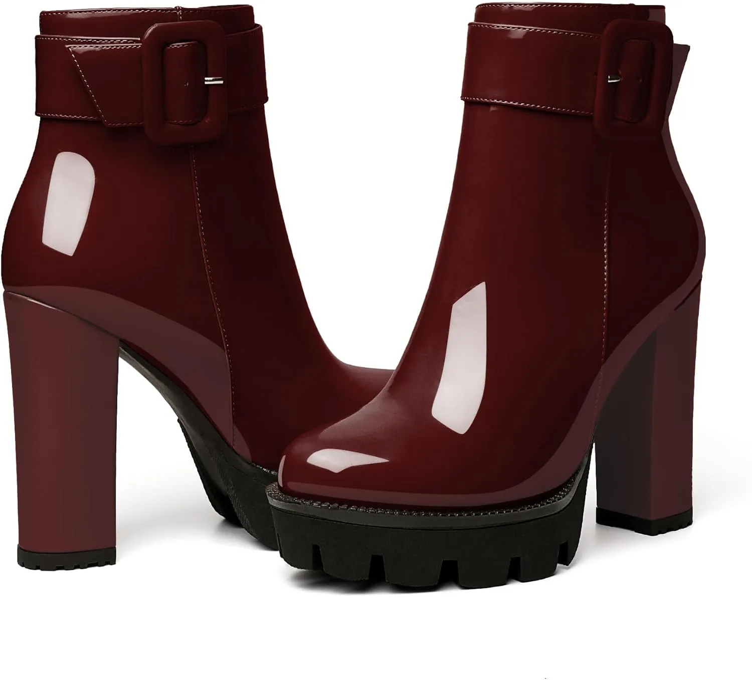 Esvowido Women's Platform Ankle Boots Round Toe Lug Sole Buckle Booties Chunky Block High Heels Side Zipper with Fur Winter Short Boots