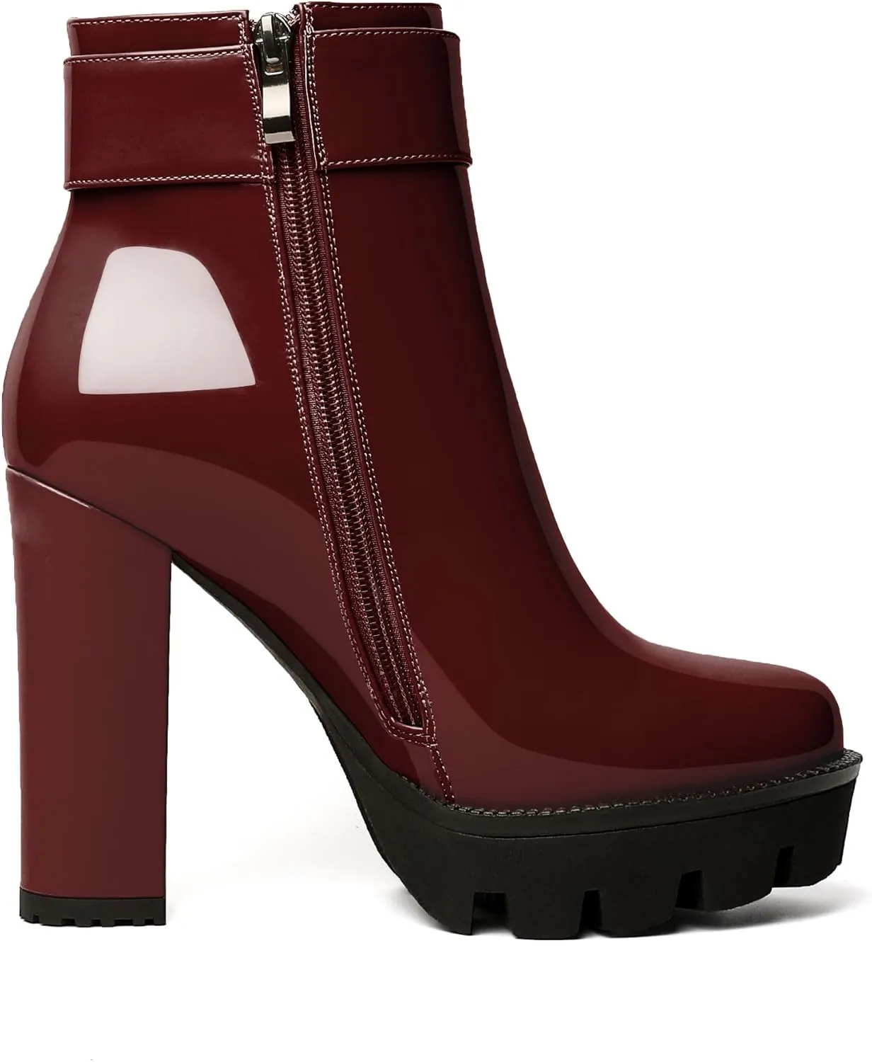 Esvowido Women's Platform Ankle Boots Round Toe Lug Sole Buckle Booties Chunky Block High Heels Side Zipper with Fur Winter Short Boots