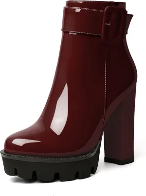 Esvowido Women's Platform Ankle Boots Round Toe Lug Sole Buckle Booties Chunky Block High Heels Side Zipper with Fur Winter Short Boots