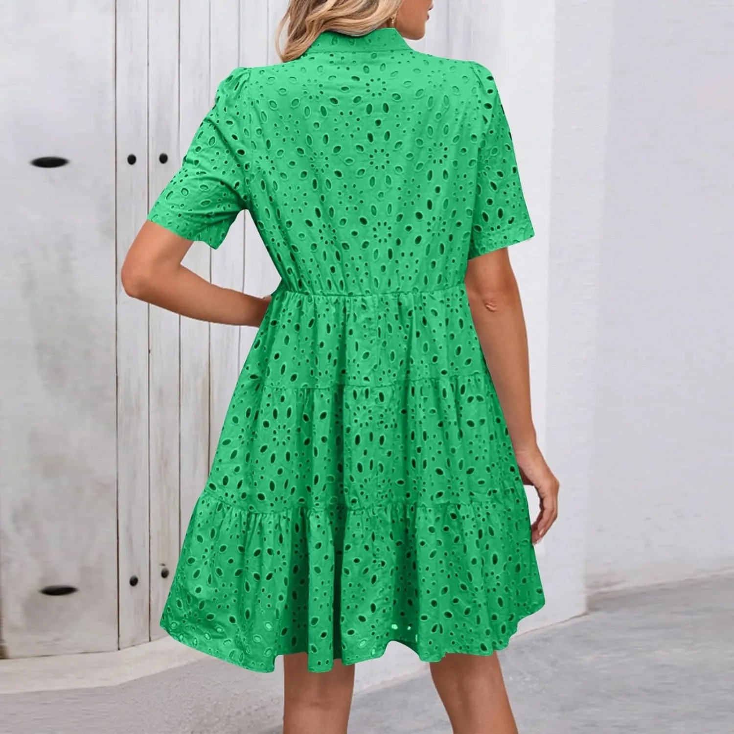 Eyelet Dresses for Women 2025 Loose V Neck Short Sleeve Ruffled Knee Length Dress Boho Summer Beach Short Dresses