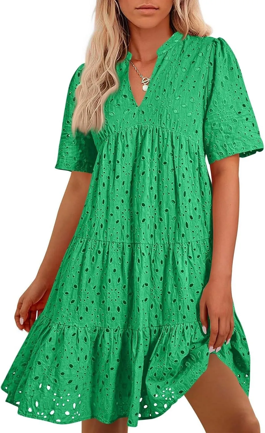 Eyelet Dresses for Women 2025 Loose V Neck Short Sleeve Ruffled Knee Length Dress Boho Summer Beach Short Dresses