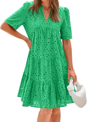 Eyelet Dresses for Women 2025 Loose V Neck Short Sleeve Ruffled Knee Length Dress Boho Summer Beach Short Dresses