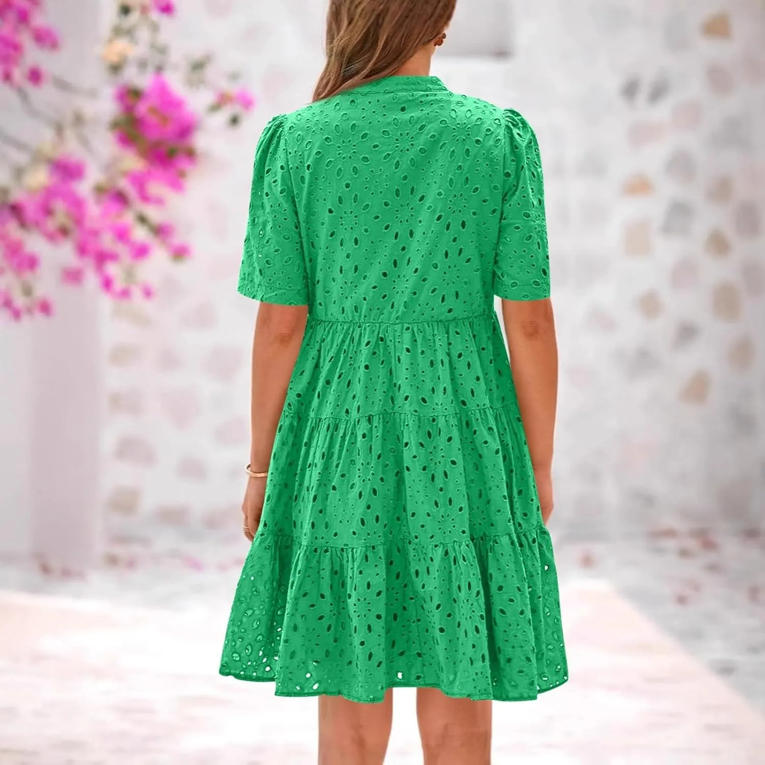 Eyelet Dresses for Women 2025 Loose V Neck Short Sleeve Ruffled Knee Length Dress Boho Summer Beach Short Dresses