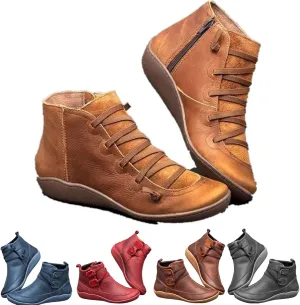 Fall Ankle Boots for Women No Heel 2024, New Arch Support Boots Fashion Lace Up Side Zipper Retro Ankle Booties, Comfortable Slip On Flat Low Heel Boots