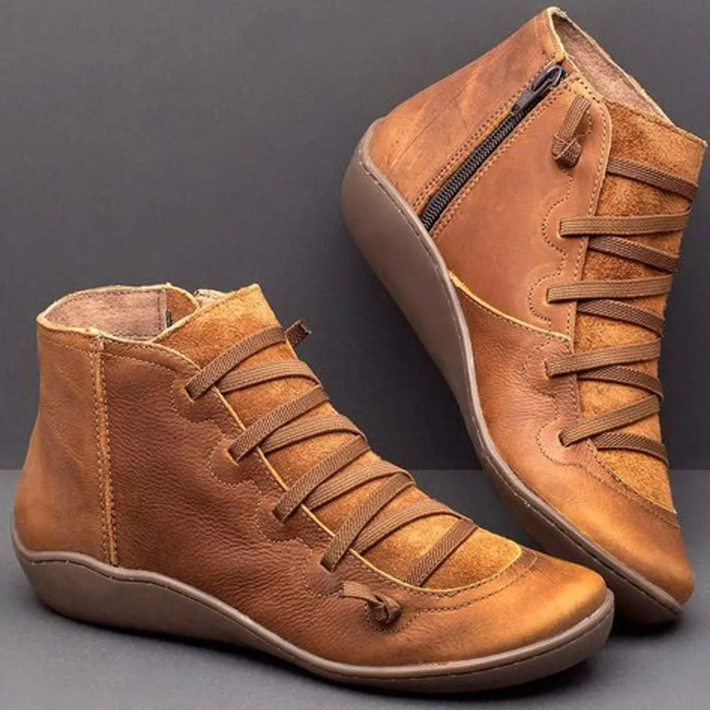 Fall Ankle Boots for Women No Heel 2024, New Arch Support Boots Fashion Lace Up Side Zipper Retro Ankle Booties, Comfortable Slip On Flat Low Heel Boots