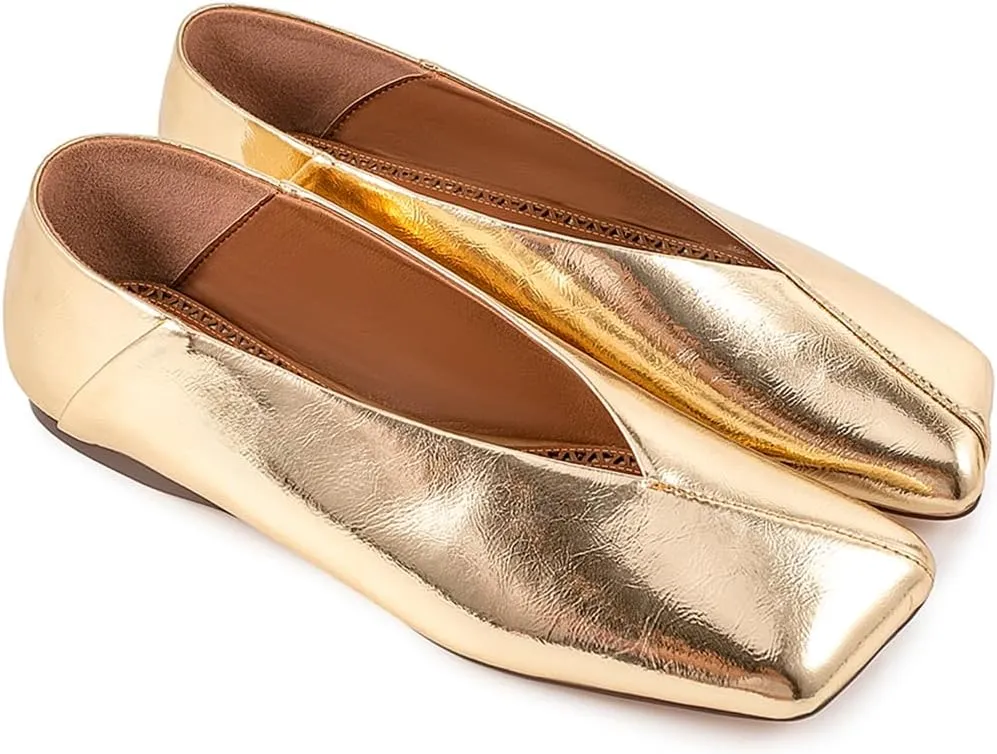 Fandimeier Women's Leather Soft Flat Ballet Shoes for Lady Silver Elegant Squared Toe Single Shoe
