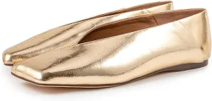 Fandimeier Women's Leather Soft Flat Ballet Shoes for Lady Silver Elegant Squared Toe Single Shoe