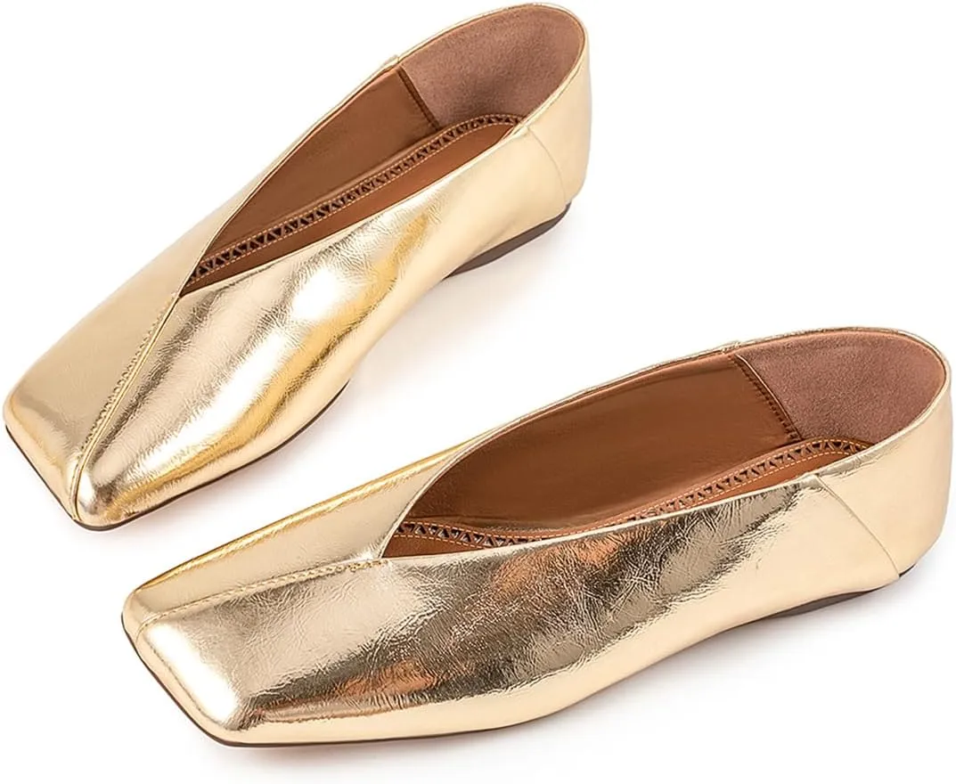 Fandimeier Women's Leather Soft Flat Ballet Shoes for Lady Silver Elegant Squared Toe Single Shoe