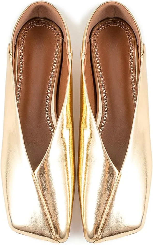 Fandimeier Women's Leather Soft Flat Ballet Shoes for Lady Silver Elegant Squared Toe Single Shoe