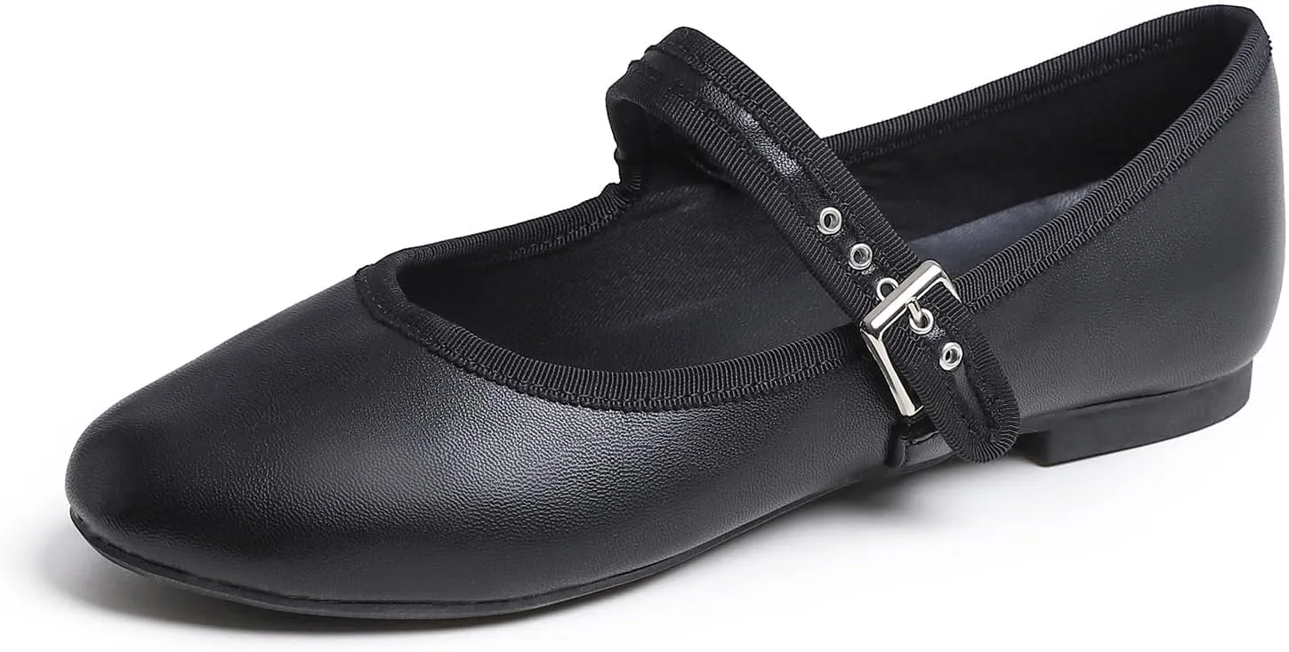 FEVERSOLE Women's Soft Cushion Extra Padded Comfort Round Toe Mary Jane Metal Buckle Fashion Ballet Flats Walking Shoes