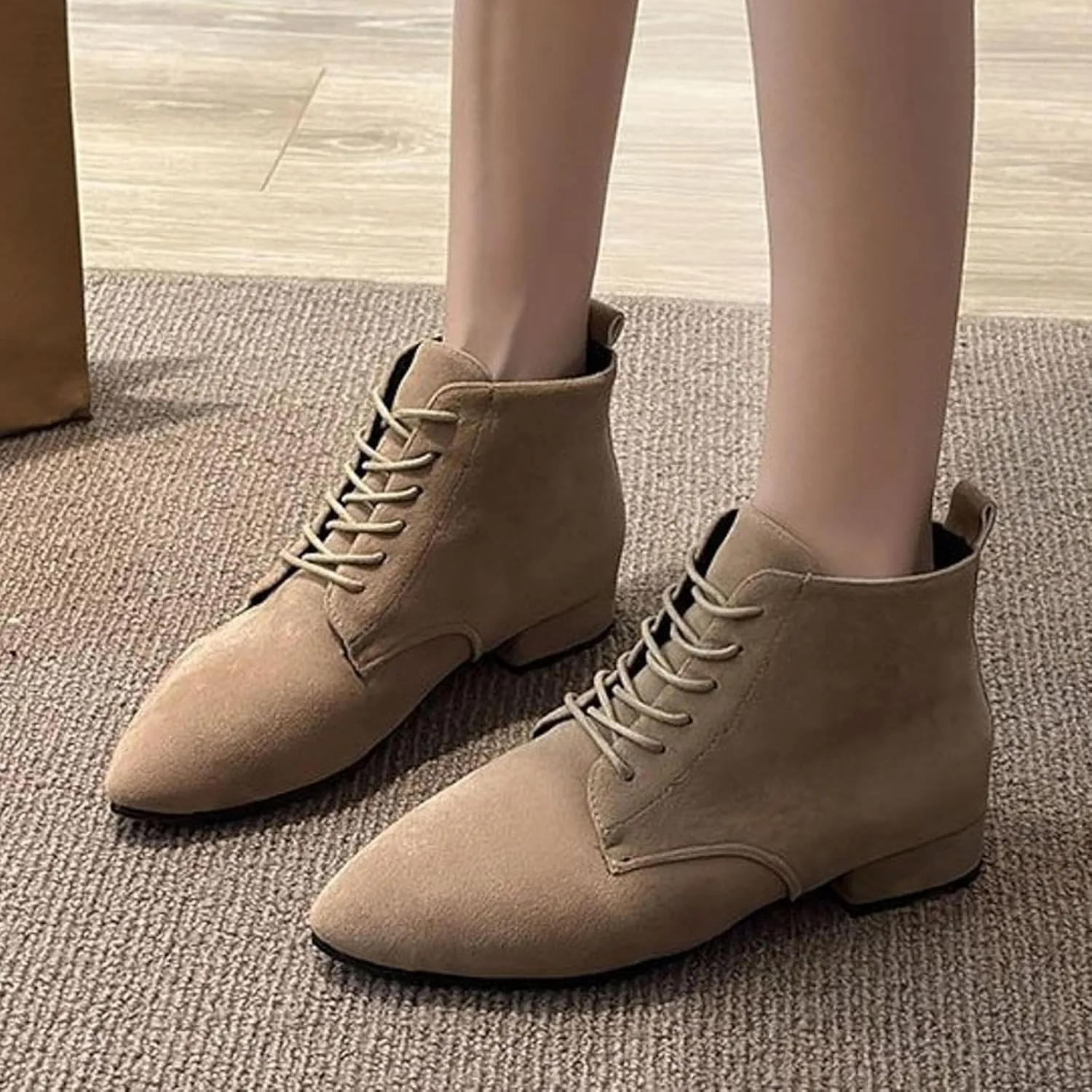 Flat Booties For Women Lace Up Dress Boots Suede Ankle Boots No Heel Desert Boots Short Chukka Boots Casual Boots