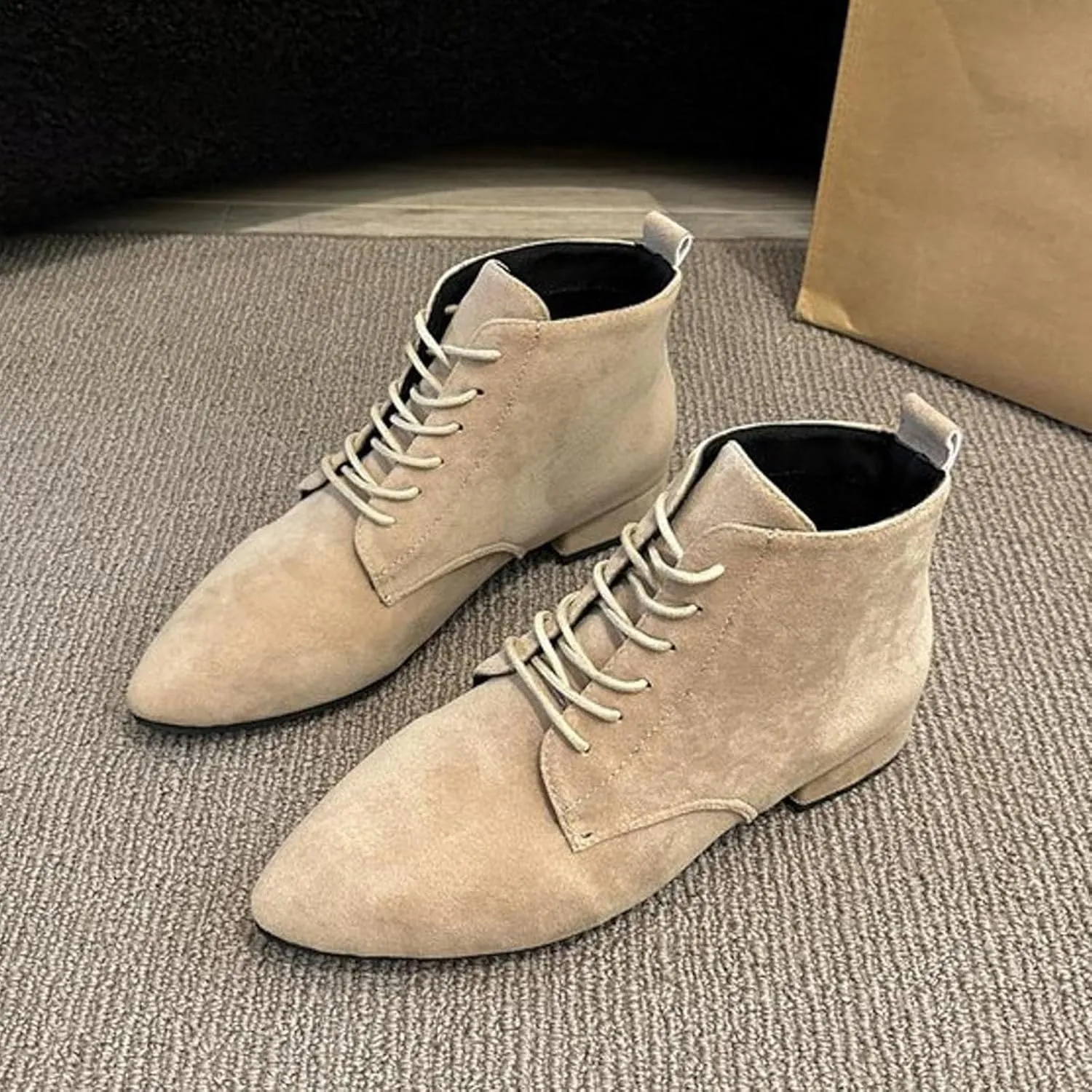 Flat Booties For Women Lace Up Dress Boots Suede Ankle Boots No Heel Desert Boots Short Chukka Boots Casual Boots