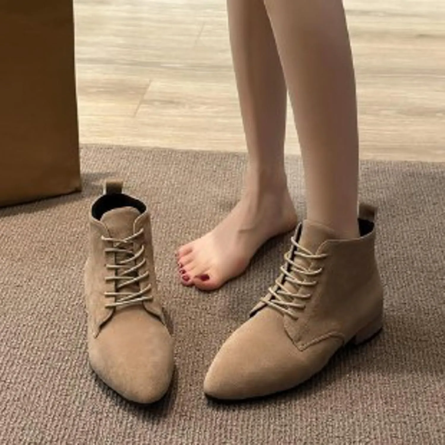 Flat Booties For Women Lace Up Dress Boots Suede Ankle Boots No Heel Desert Boots Short Chukka Boots Casual Boots