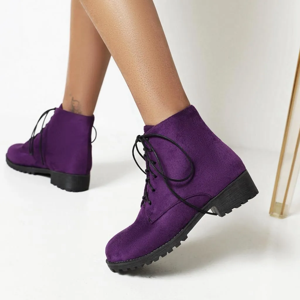 Flat Low Heels Lace Up Ankle Boots For Womens Casual Round Toe Suede Winter Dressy Short Booties
