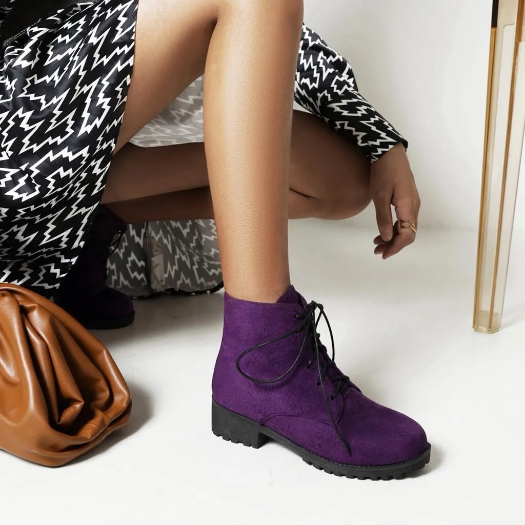 Flat Low Heels Lace Up Ankle Boots For Womens Casual Round Toe Suede Winter Dressy Short Booties