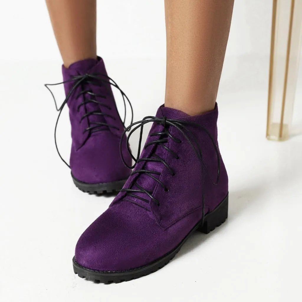Flat Low Heels Lace Up Ankle Boots For Womens Casual Round Toe Suede Winter Dressy Short Booties