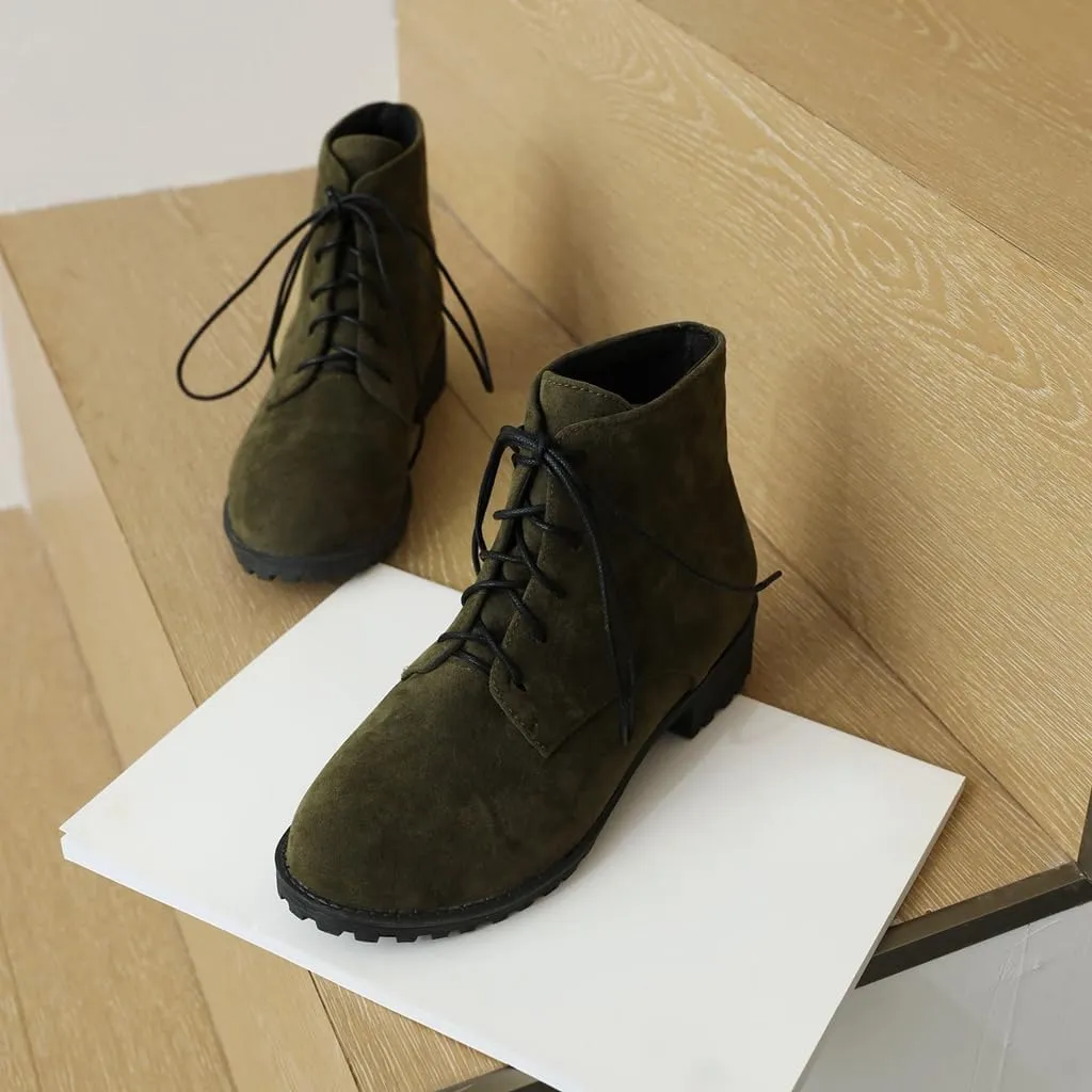 Flat Low Heels Lace Up Ankle Boots For Womens Casual Round Toe Suede Winter Dressy Short Booties