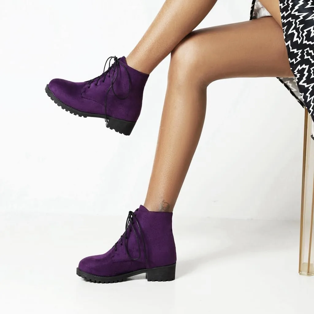 Flat Low Heels Lace Up Ankle Boots For Womens Casual Round Toe Suede Winter Dressy Short Booties