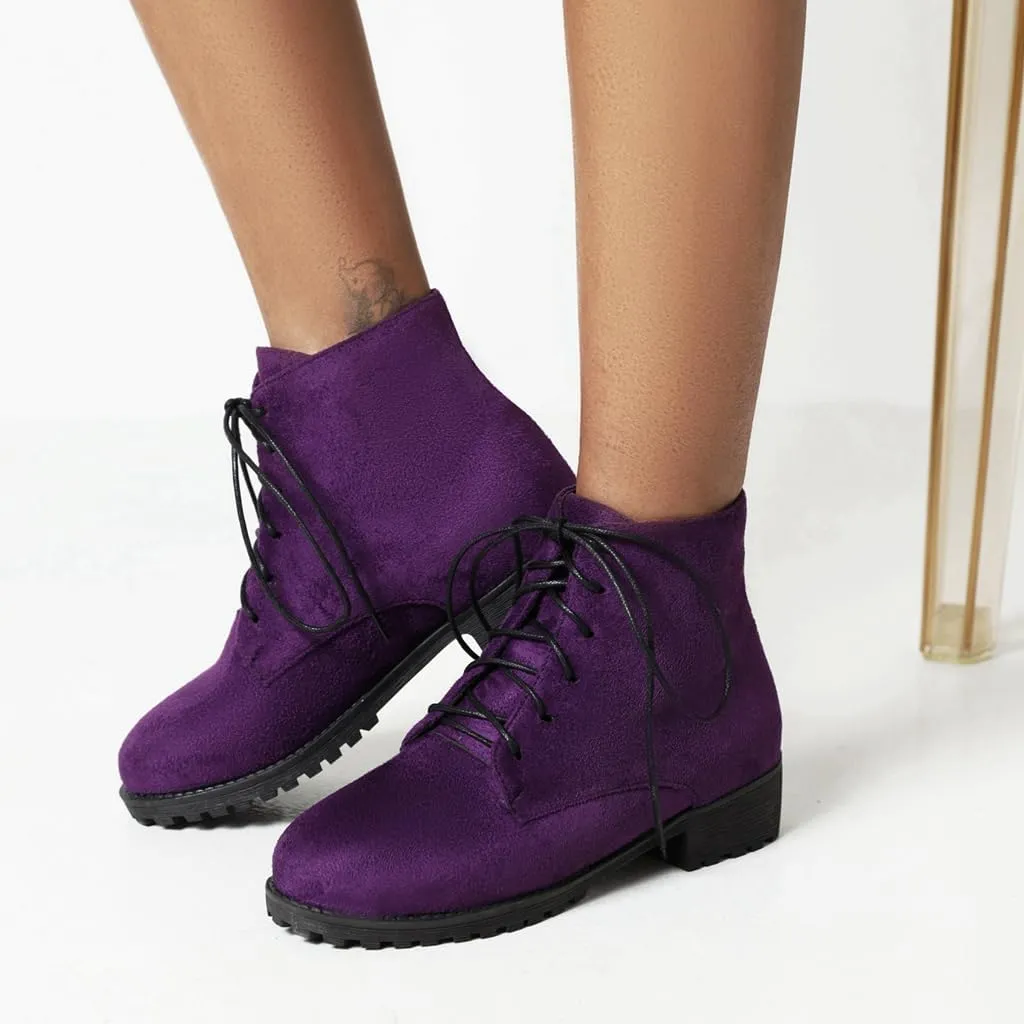 Flat Low Heels Lace Up Ankle Boots For Womens Casual Round Toe Suede Winter Dressy Short Booties