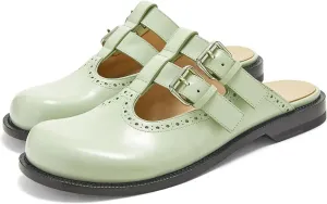 Flats Mules for Women Round Toe Low Heel Sandals Baotou Double Belt Buckle Mary Jane Flat Slip-on Backless Comfortable Casual Walking Dress Party Soft Shoes