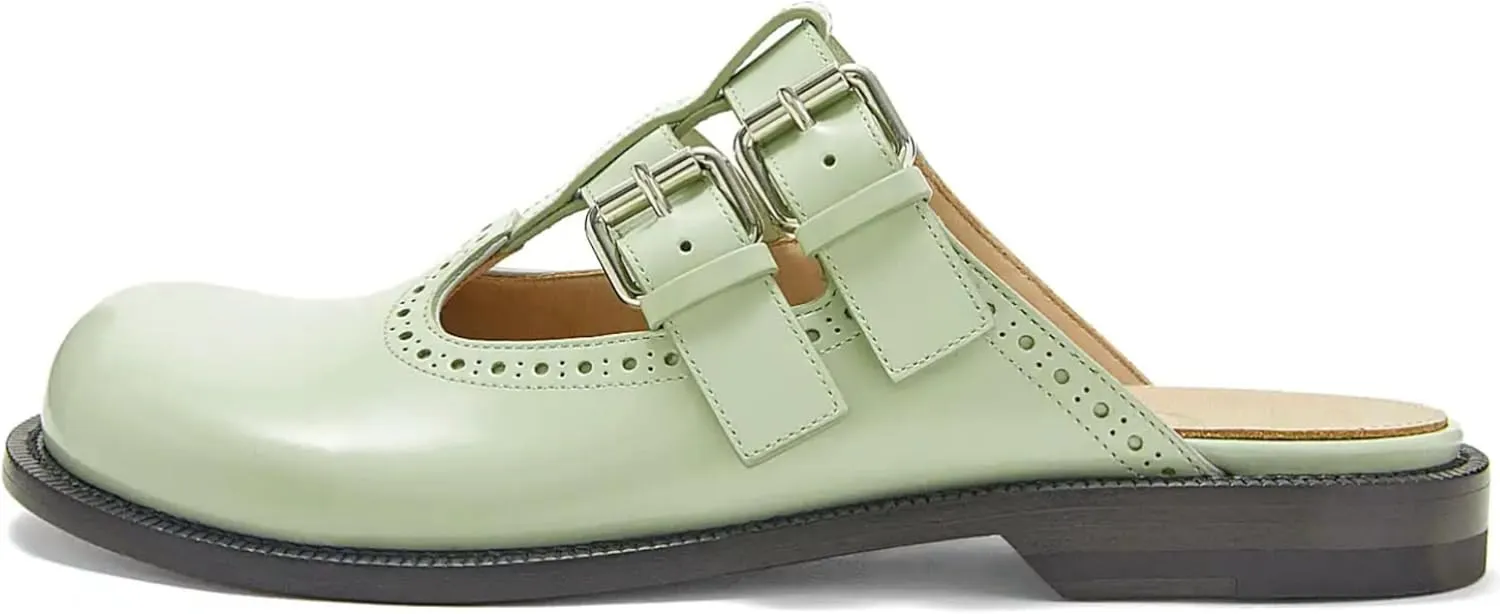 Flats Mules for Women Round Toe Low Heel Sandals Baotou Double Belt Buckle Mary Jane Flat Slip-on Backless Comfortable Casual Walking Dress Party Soft Shoes