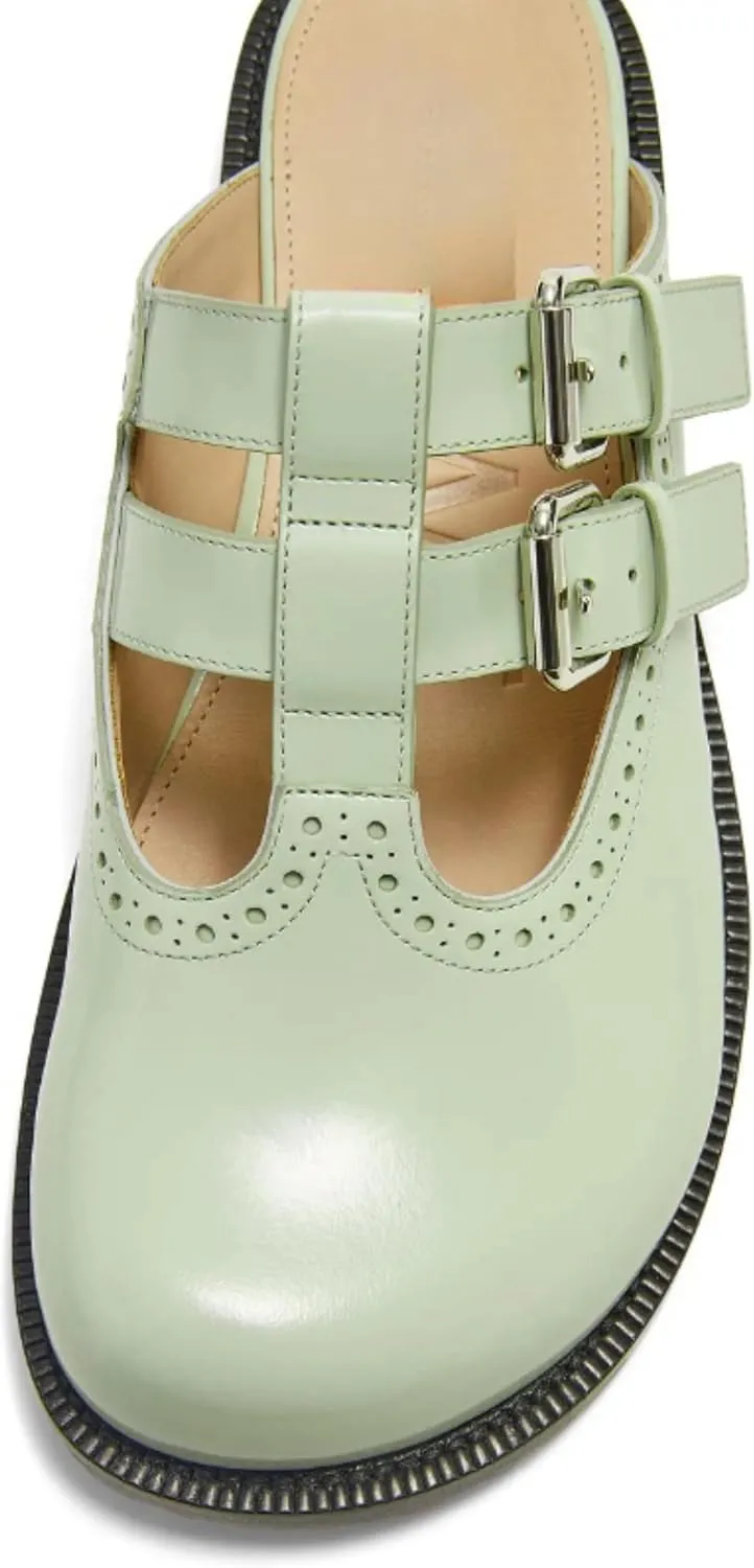 Flats Mules for Women Round Toe Low Heel Sandals Baotou Double Belt Buckle Mary Jane Flat Slip-on Backless Comfortable Casual Walking Dress Party Soft Shoes