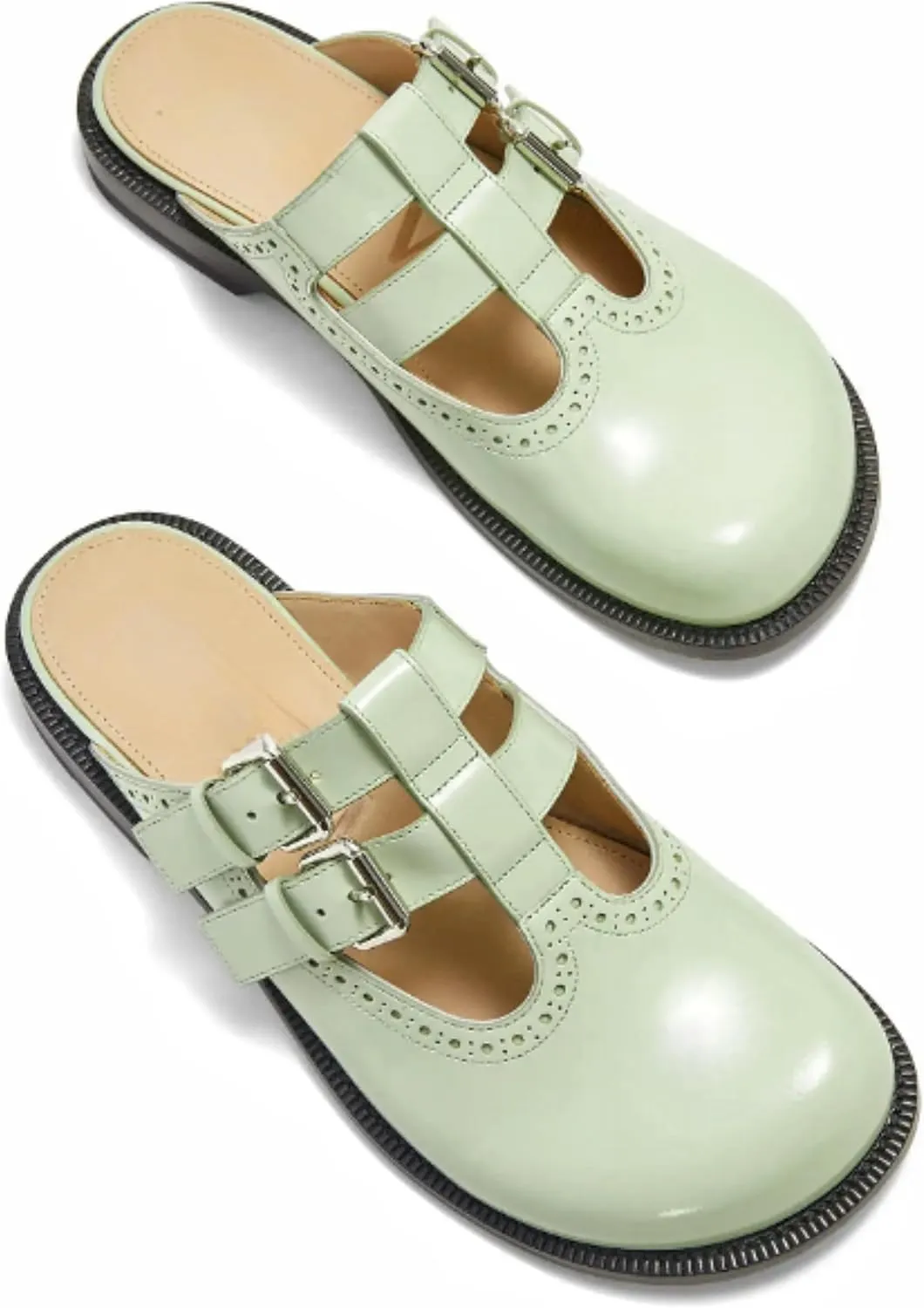 Flats Mules for Women Round Toe Low Heel Sandals Baotou Double Belt Buckle Mary Jane Flat Slip-on Backless Comfortable Casual Walking Dress Party Soft Shoes