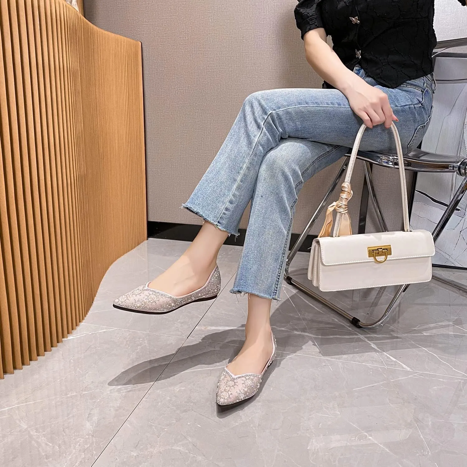 Flats Shoes Women Rhinestone Sequin Wedding Pointed Toe Dress Flat Shoes Comfortable Flats for Women Dressy