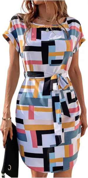 Floerns Women's Geo Print Crew Neck Short Sleeve Dress Belted Curved Hem Short Dresses
