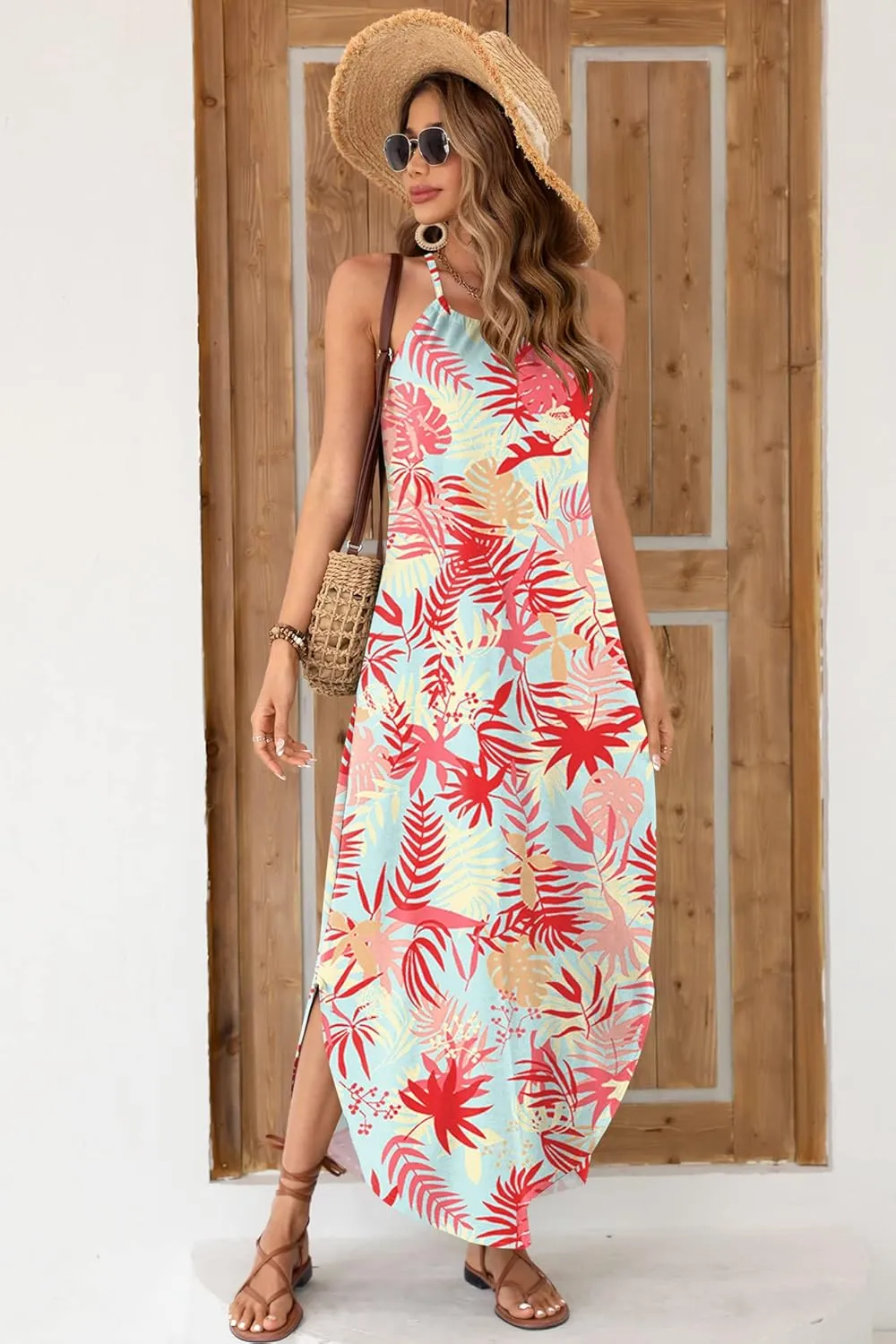For G and PL Women's Summer Casual Halter Side Slit Long Maxi Beach Dress Vacation Resort Sundress