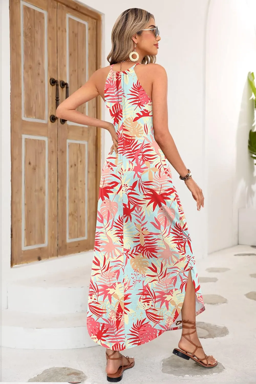 For G and PL Women's Summer Casual Halter Side Slit Long Maxi Beach Dress Vacation Resort Sundress