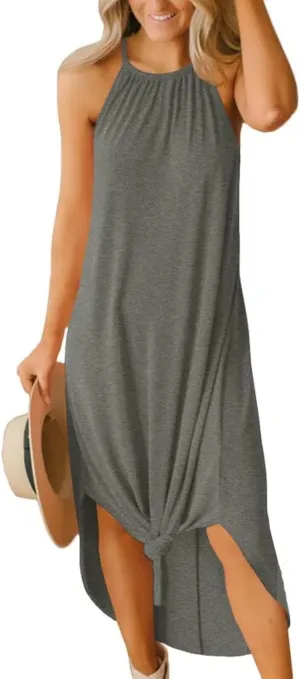 For G and PL Women's Summer Casual Halter Side Slit Long Maxi Beach Dress Vacation Resort Sundress