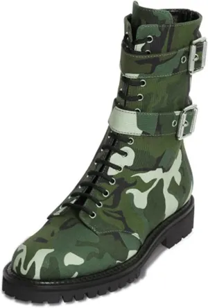 FOWT Red Camouflage Combat Ankle Boots for Women Straps Short Fabric Booties with Two Metal Buckles Lace Up Mini Heel Flats Waterproof Non-slip Shoes Work Daily Office Military Shoes Size 4-16 US