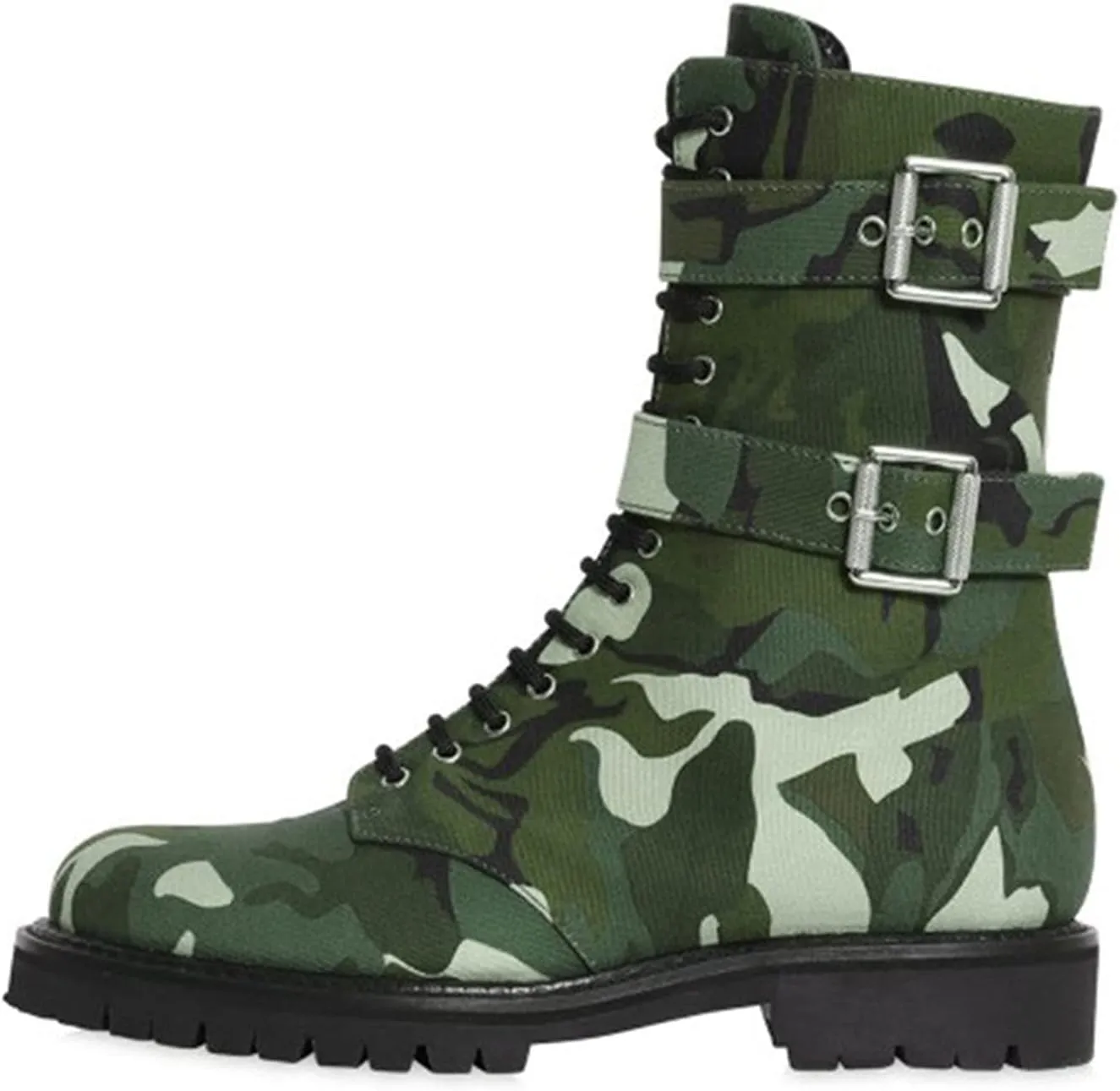 FOWT Red Camouflage Combat Ankle Boots for Women Straps Short Fabric Booties with Two Metal Buckles Lace Up Mini Heel Flats Waterproof Non-slip Shoes Work Daily Office Military Shoes Size 4-16 US