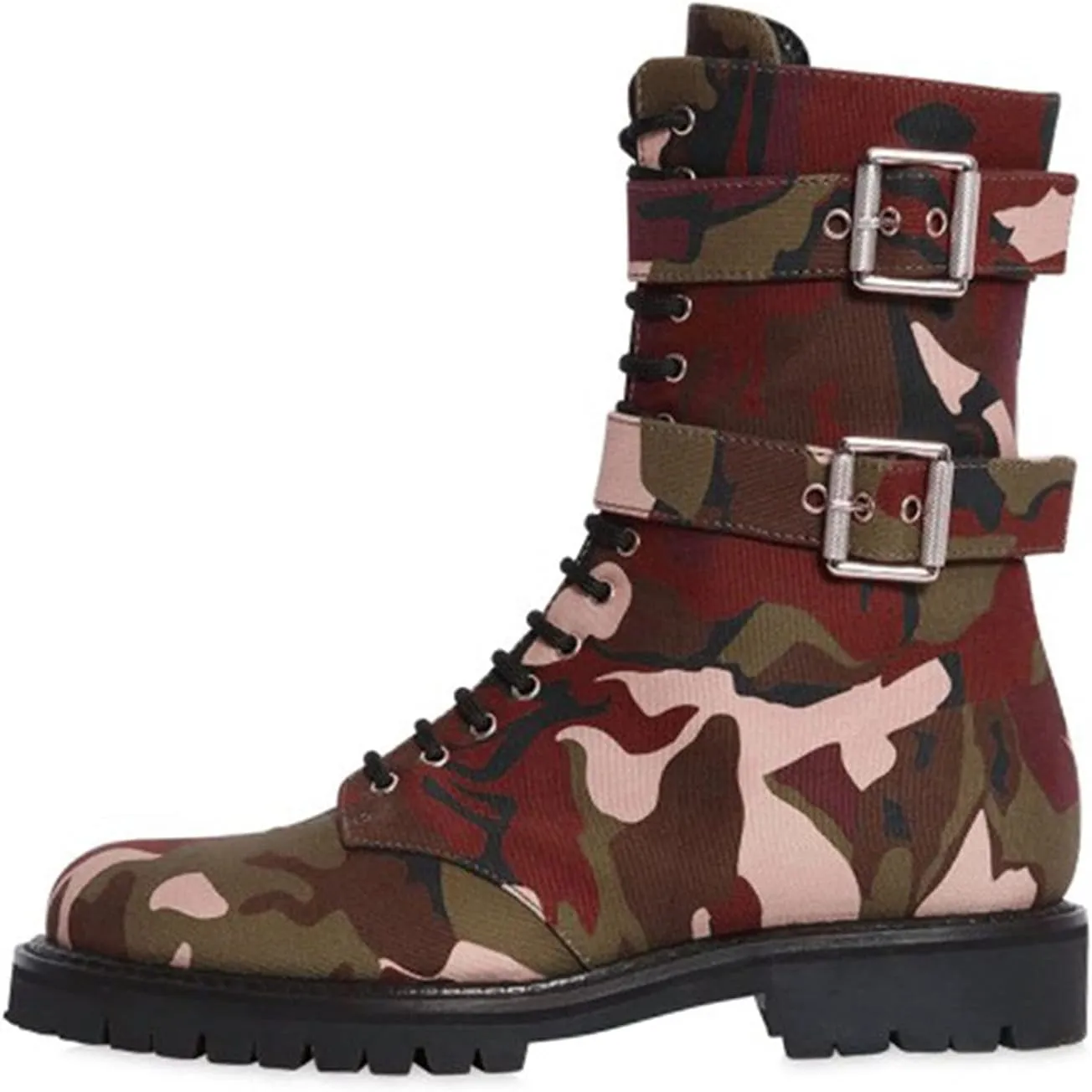FOWT Red Camouflage Combat Ankle Boots for Women Straps Short Fabric Booties with Two Metal Buckles Lace Up Mini Heel Flats Waterproof Non-slip Shoes Work Daily Office Military Shoes Size 4-16 US