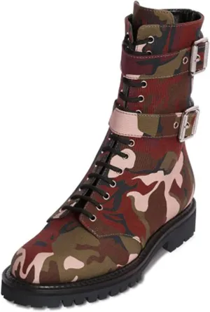 FOWT Red Camouflage Combat Ankle Boots for Women Straps Short Fabric Booties with Two Metal Buckles Lace Up Mini Heel Flats Waterproof Non-slip Shoes Work Daily Office Military Shoes Size 4-16 US