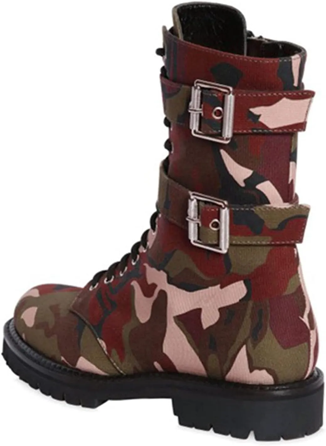 FOWT Red Camouflage Combat Ankle Boots for Women Straps Short Fabric Booties with Two Metal Buckles Lace Up Mini Heel Flats Waterproof Non-slip Shoes Work Daily Office Military Shoes Size 4-16 US