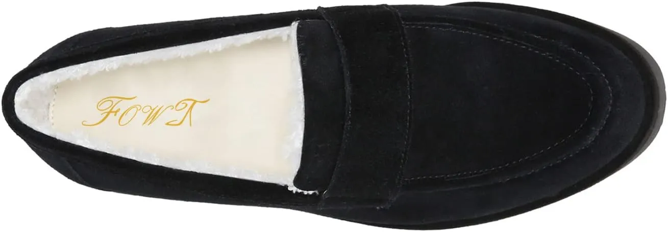FOWT Women Suede Fur Lined Loafers V Cut Flats Round Toe Low Bock Heels Causal Shoes Slip On Lightweight Platform Slippers Warm Plush Winter Fall Durable Indoor Outdoor Shoes Size 4-16 US