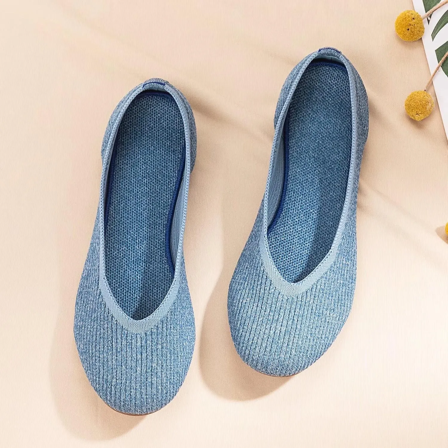 Frank Mully Women's Ballet Flats Round Toe Walking Flats Slip On Work Shoes Knitted Flats Shoes for Woman Soft Lightweight