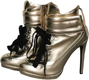 Frankie Hsu Stiletto Platform High Heeled Ankle Sport Boots, Sexy Gold Velcro Buckle Sneaker Bootie, Large Big Size Fashion Designer Lace Up Short Shoes For Women Men