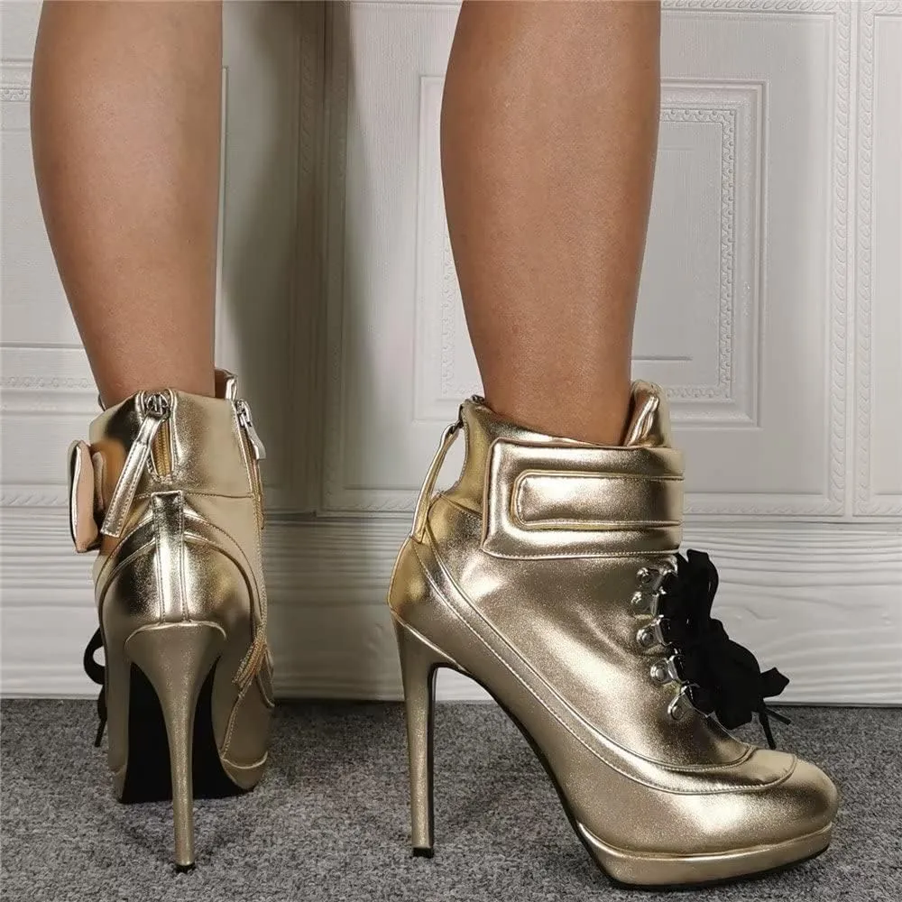 Frankie Hsu Stiletto Platform High Heeled Ankle Sport Boots, Sexy Gold Velcro Buckle Sneaker Bootie, Large Big Size Fashion Designer Lace Up Short Shoes For Women Men