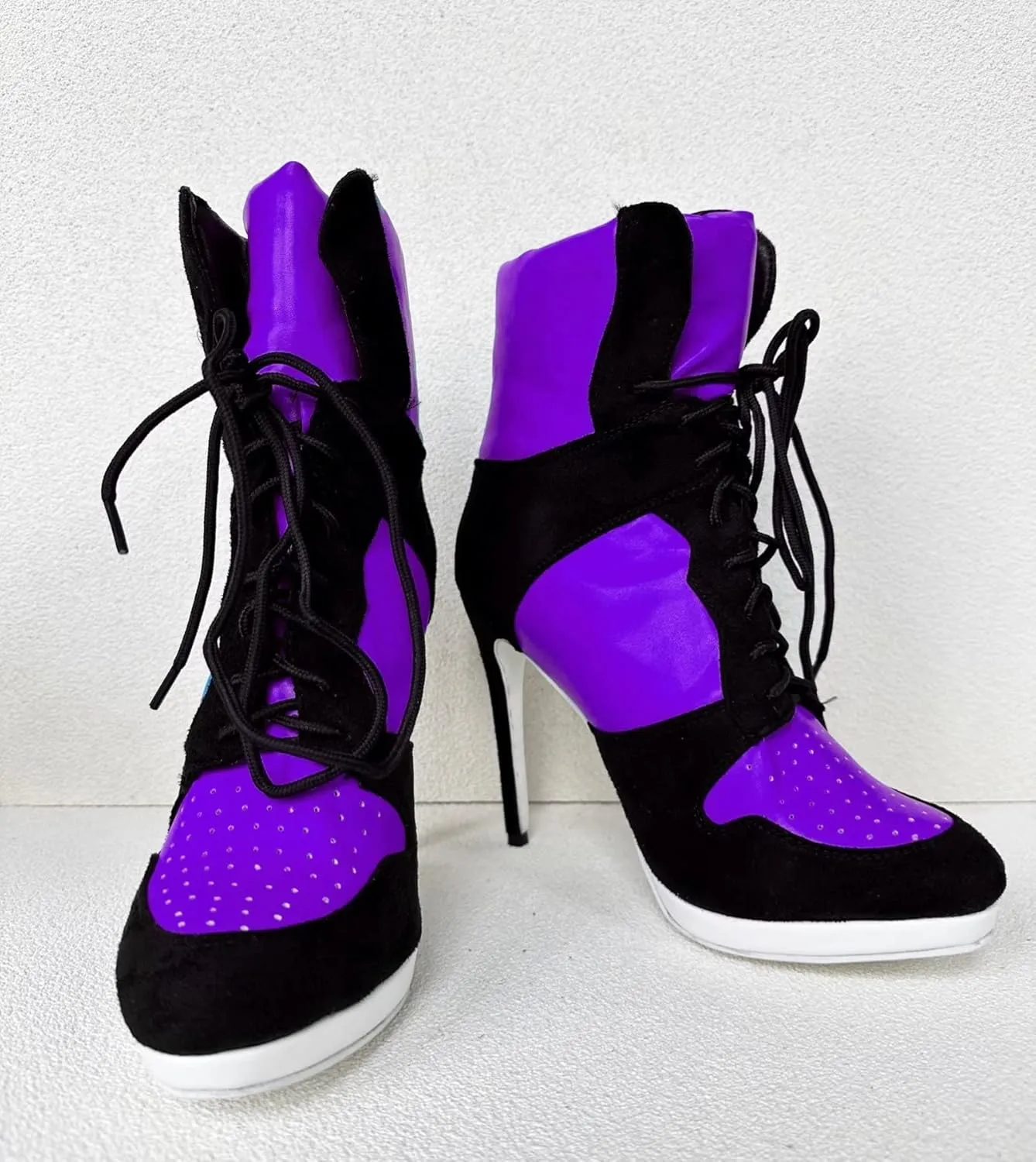 Frankie Hsu Stiletto Sport Basketball High Heeled Ankle Boots, Casual Black Royal Blue White Bottom Sole Sneaker Bootie, Big Size Designer Shoes For Women