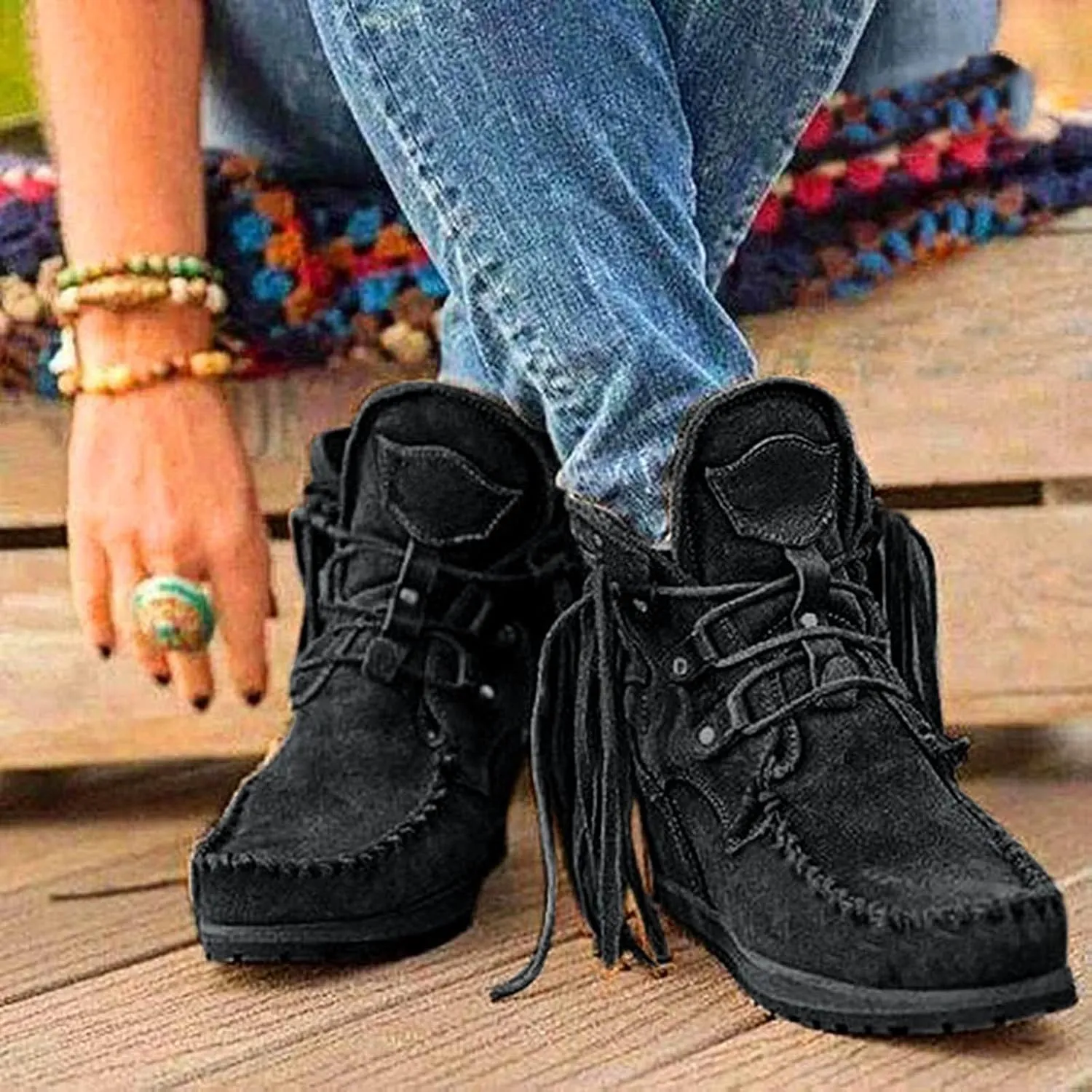 Fringe Boots Women Ankle Cowboy Boots Suede Flat Tassel Boots Side Zipper Moccasin Boots Short Western Boots