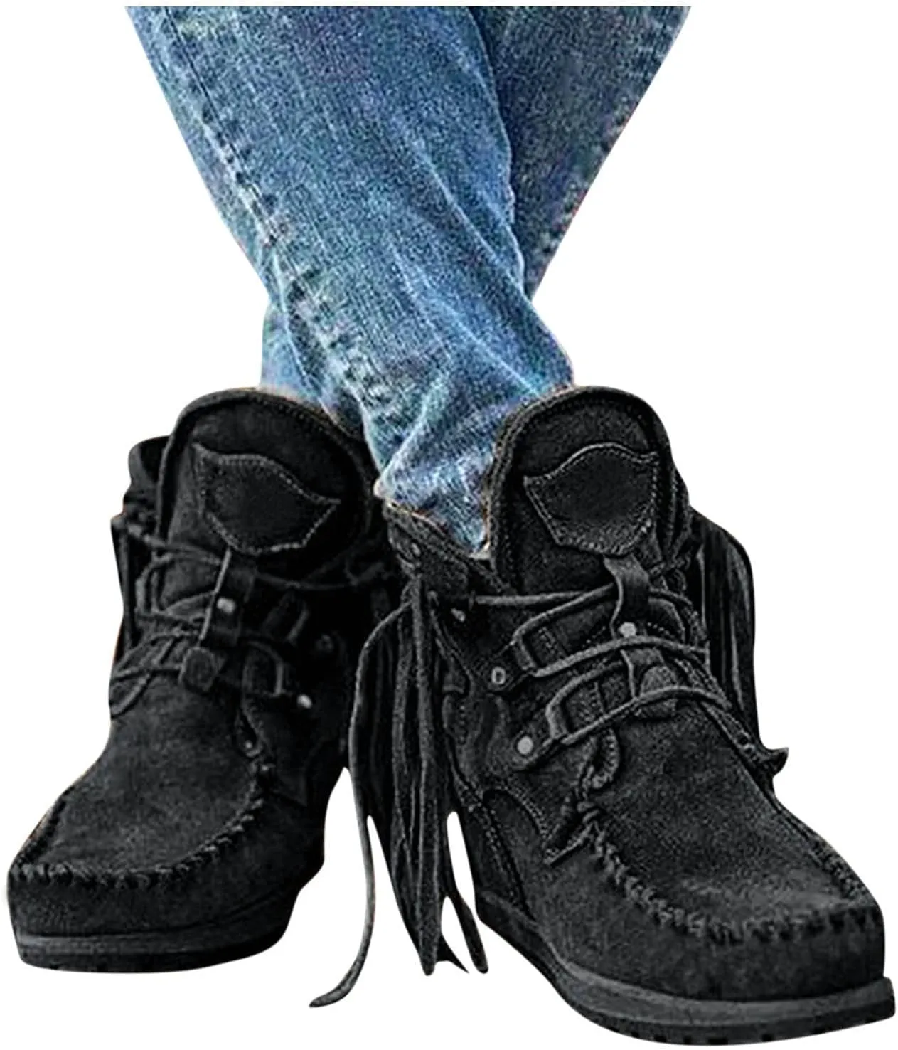 Fringe Boots Women Ankle Cowboy Boots Suede Flat Tassel Boots Side Zipper Moccasin Boots Short Western Boots